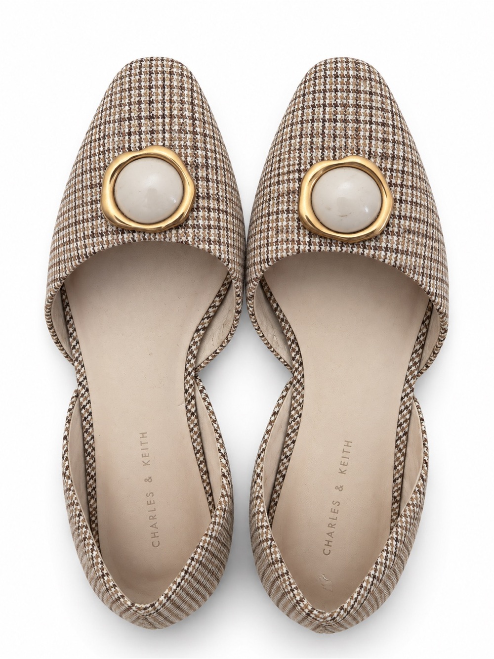 Charles & Keith Beige Houndstooth Pointed Flats with Gold Medallion